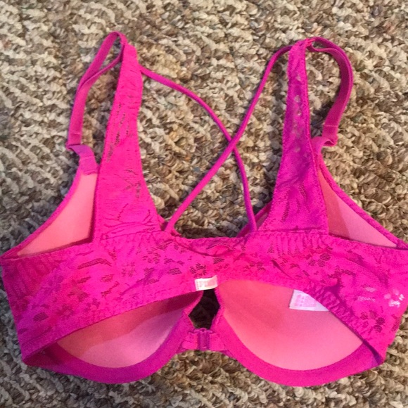 PINK front hook cross cross back push up bra - Picture 2 of 3